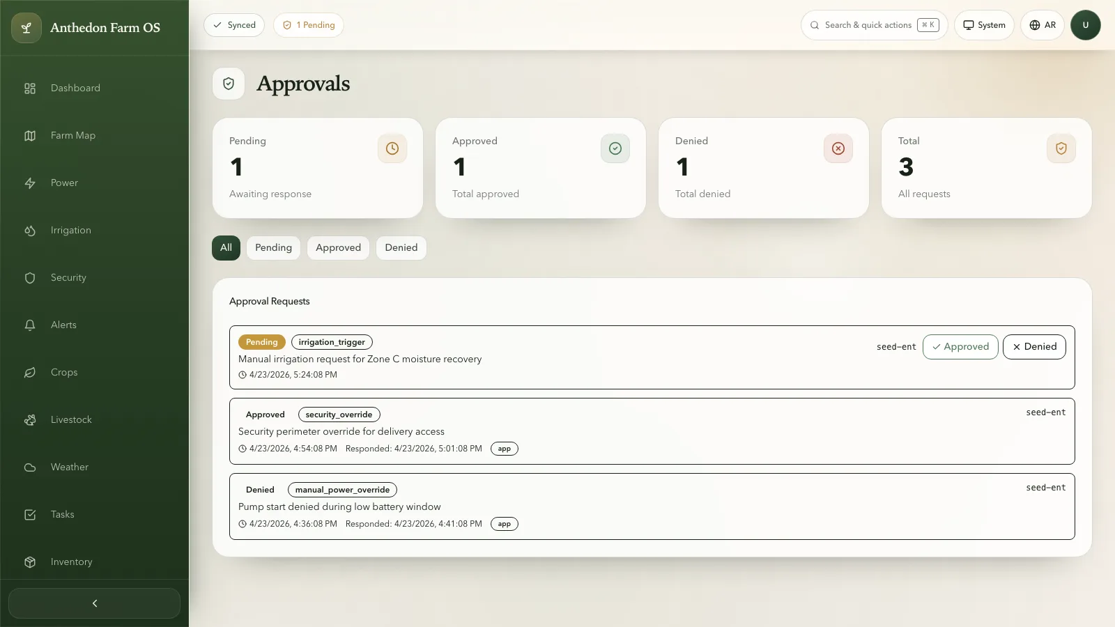 Farm OS approvals screen showing pending, approved, denied, and total request status