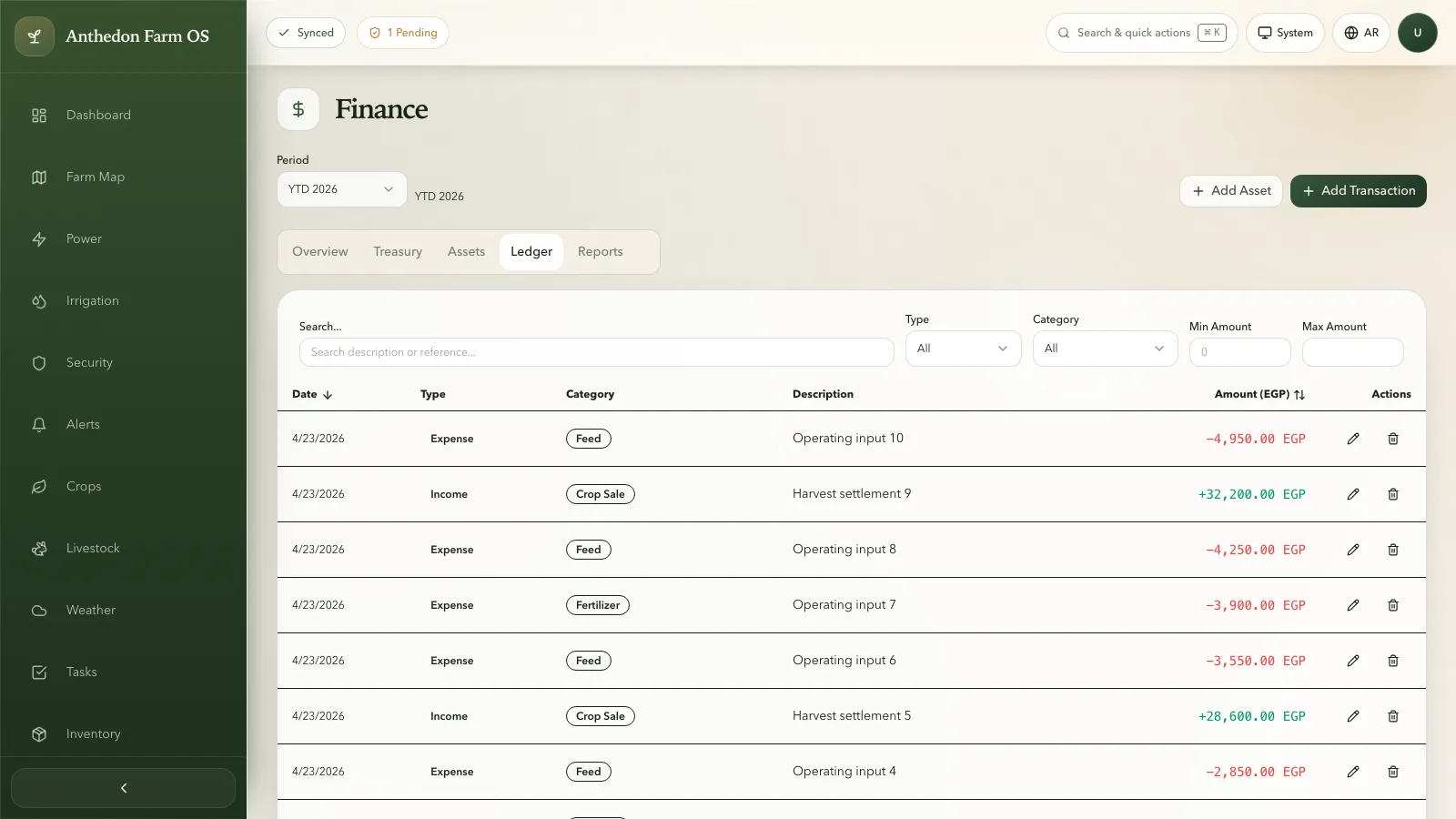 Farm OS finance ledger screen showing transaction filters, income, expenses, categories, and actions