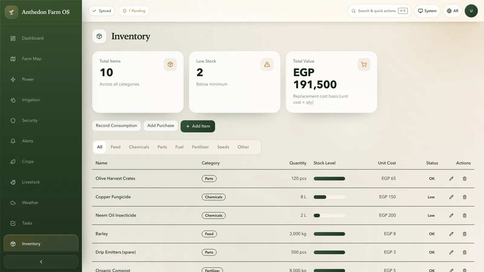 Farm OS inventory screen showing total items, low stock, total value, stock levels, and item actions