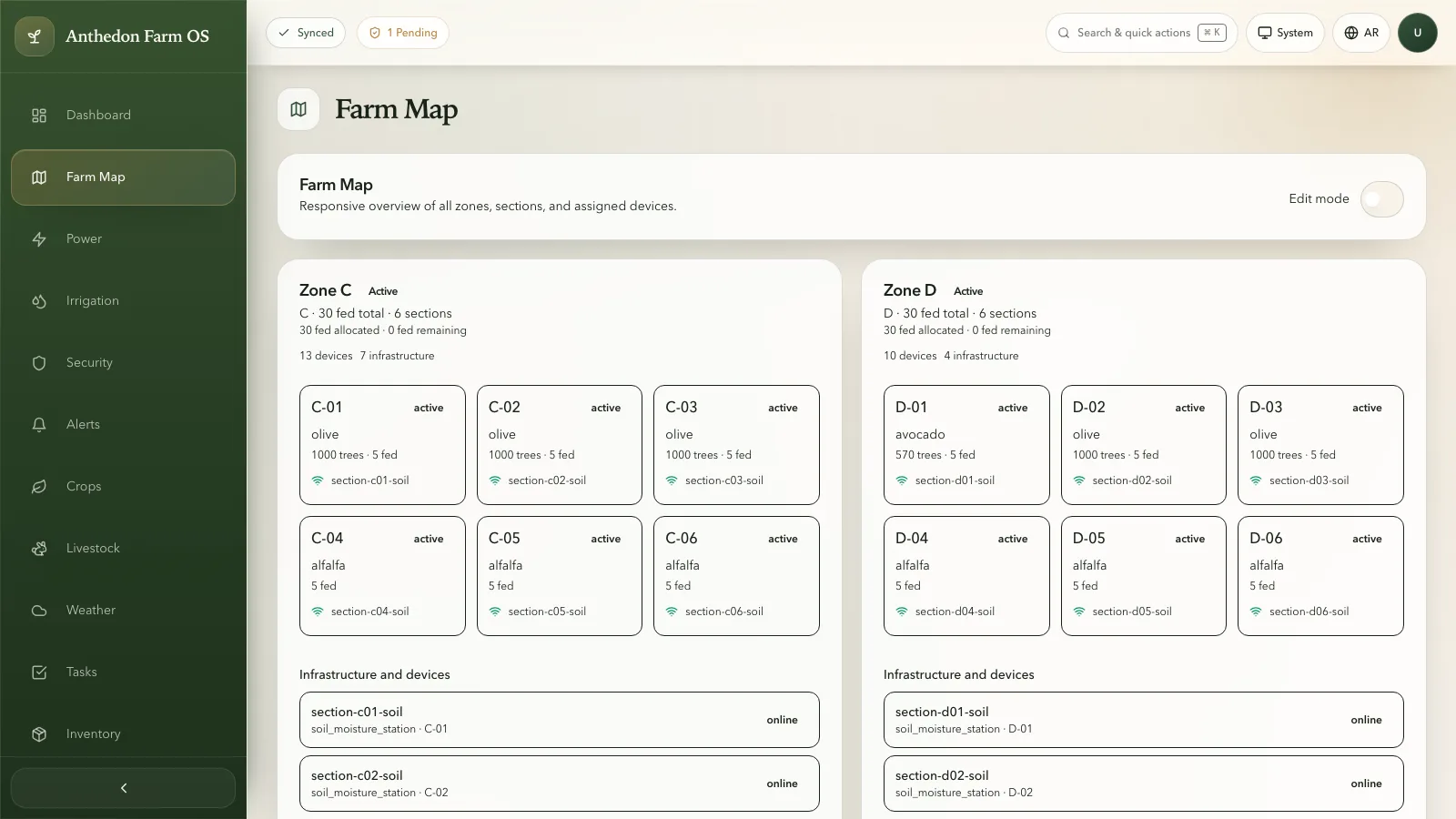 Farm OS farm map showing active zones, section cards, and soil moisture station devices